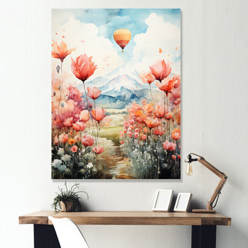 Floral Fields Hot Air Ballon Colorful Ascent - Hot Air Balloon Canvas Wall Art